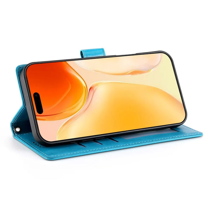 For iPhone Air Wallet Case Butterfly Floral Imprint PU Leather Phone Cover with Wrist Strap - Blue - 2
