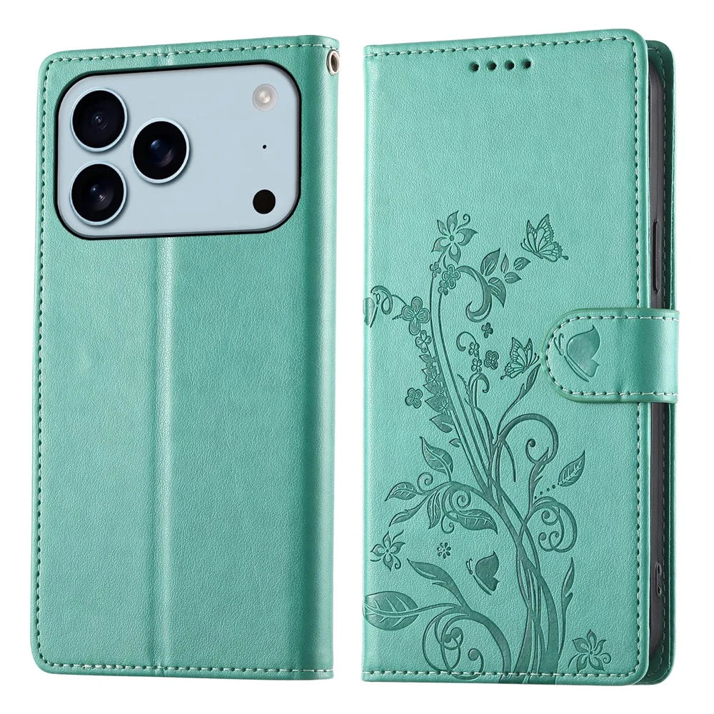 For iPhone 18 Pro / 17 Pro Wallet Case Butterfly Floral Imprint PU Leather Phone Cover with Wrist Strap - Green - 1
