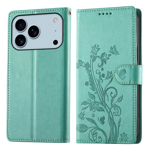 For iPhone 18 Pro / 17 Pro Wallet Case Butterfly Floral Imprint PU Leather Phone Cover with Wrist Strap - Green - 1