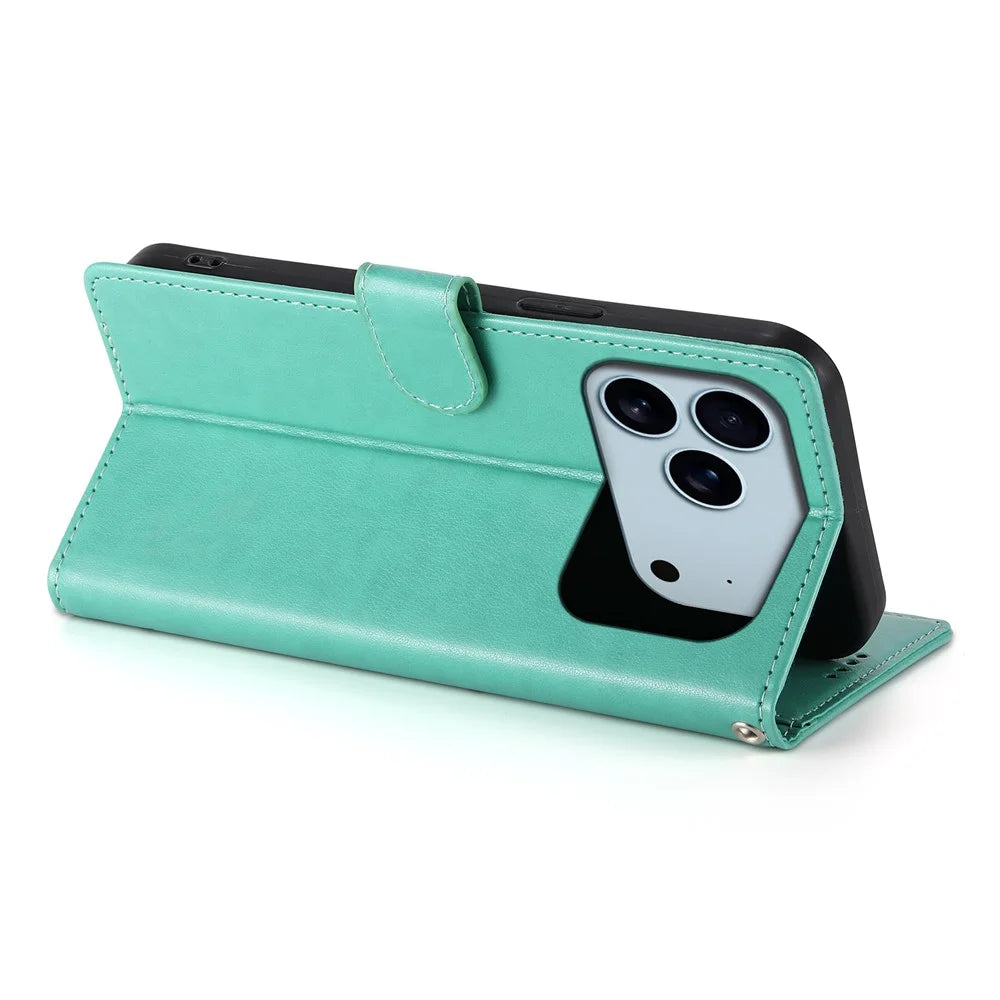 For iPhone 18 Pro / 17 Pro Wallet Case Butterfly Floral Imprint PU Leather Phone Cover with Wrist Strap - Green - 3