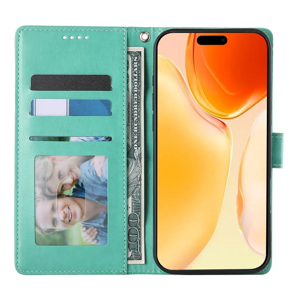 For iPhone 18 Pro / 17 Pro Wallet Case Butterfly Floral Imprint PU Leather Phone Cover with Wrist Strap - Green - 4