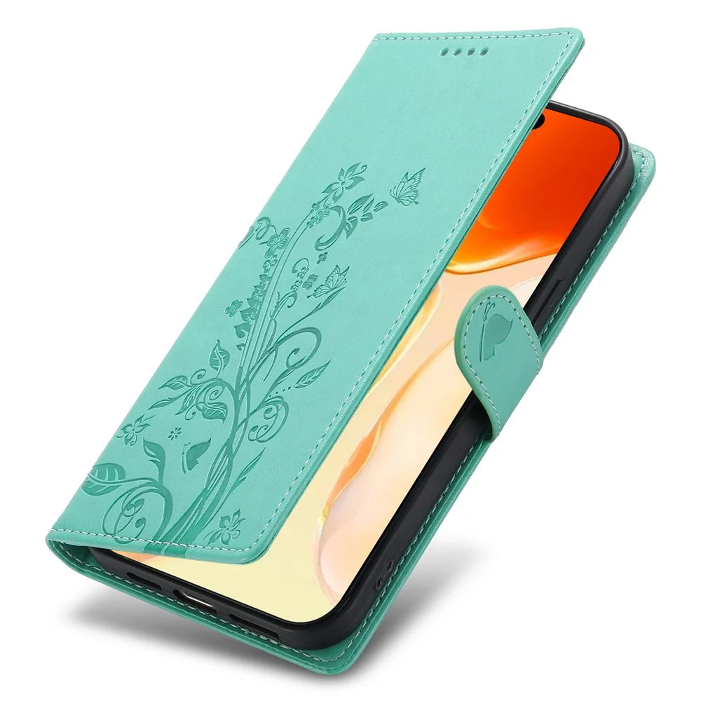 For iPhone 18 Pro / 17 Pro Wallet Case Butterfly Floral Imprint PU Leather Phone Cover with Wrist Strap - Green - 5
