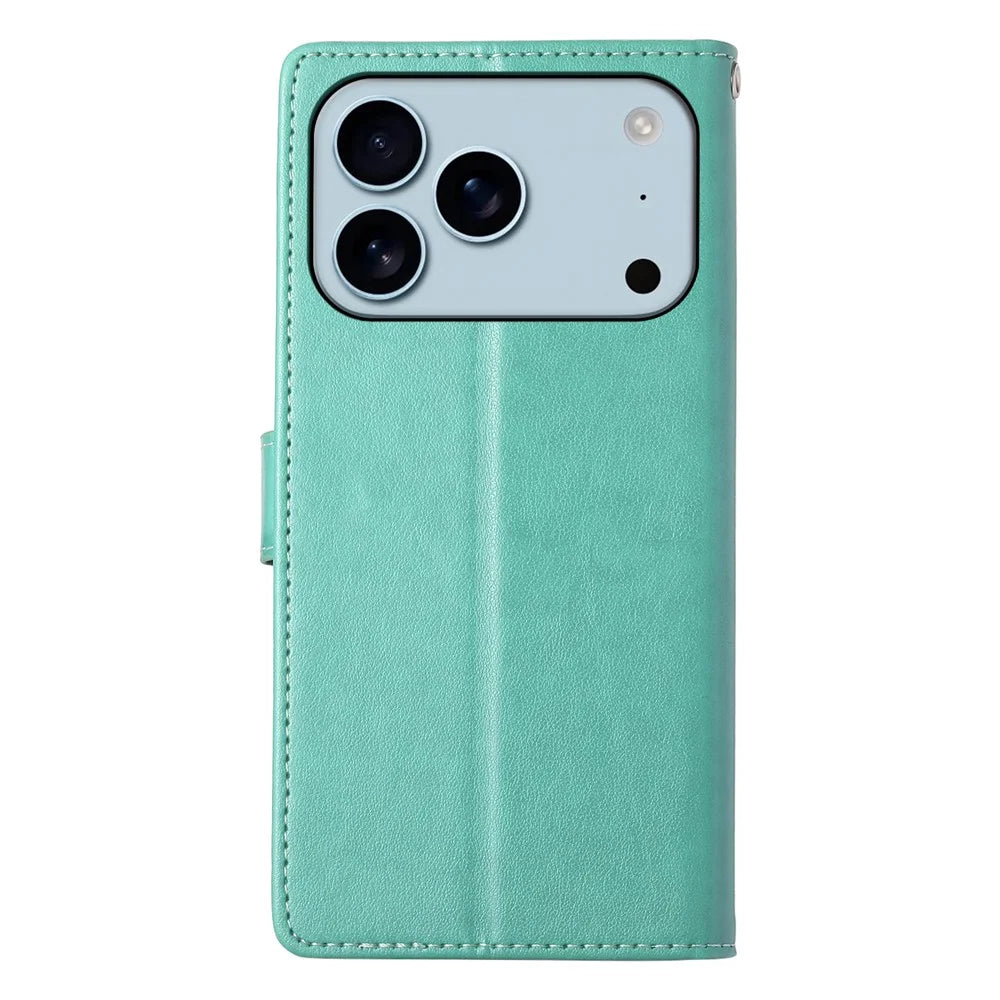 For iPhone 18 Pro / 17 Pro Wallet Case Butterfly Floral Imprint PU Leather Phone Cover with Wrist Strap - Green - 7