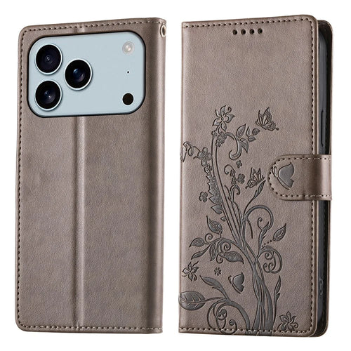 For iPhone 18 Pro Max / 17 Pro Max Wallet Case Butterfly Floral Imprint PU Leather Phone Cover with Wrist Strap - Grey - 1