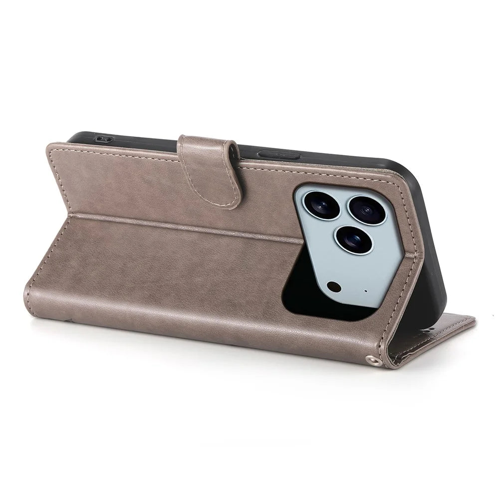 For iPhone 18 Pro Max / 17 Pro Max Wallet Case Butterfly Floral Imprint PU Leather Phone Cover with Wrist Strap - Grey - 3