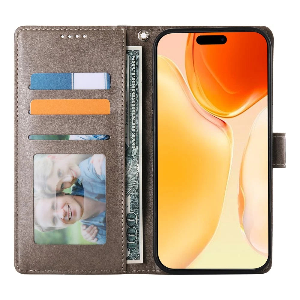 For iPhone 18 Pro Max / 17 Pro Max Wallet Case Butterfly Floral Imprint PU Leather Phone Cover with Wrist Strap - Grey - 4