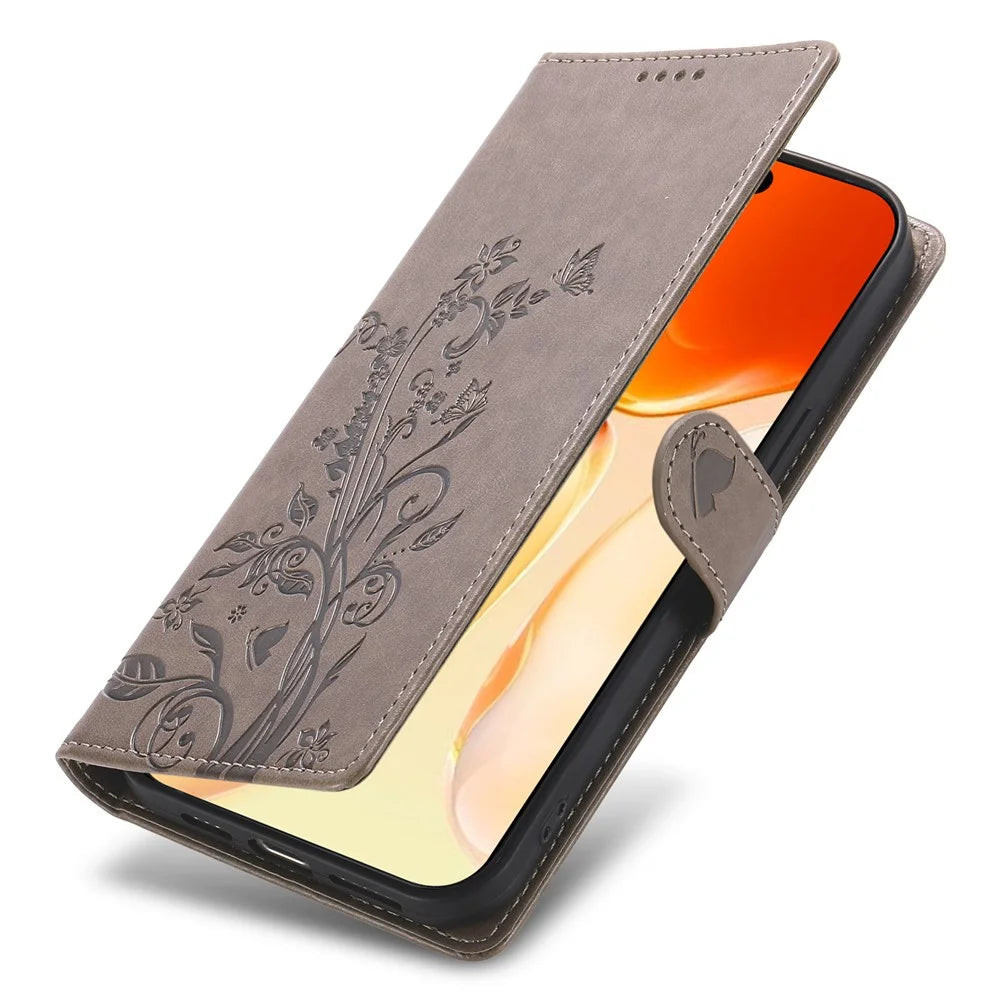For iPhone 18 Pro Max / 17 Pro Max Wallet Case Butterfly Floral Imprint PU Leather Phone Cover with Wrist Strap - Grey - 5