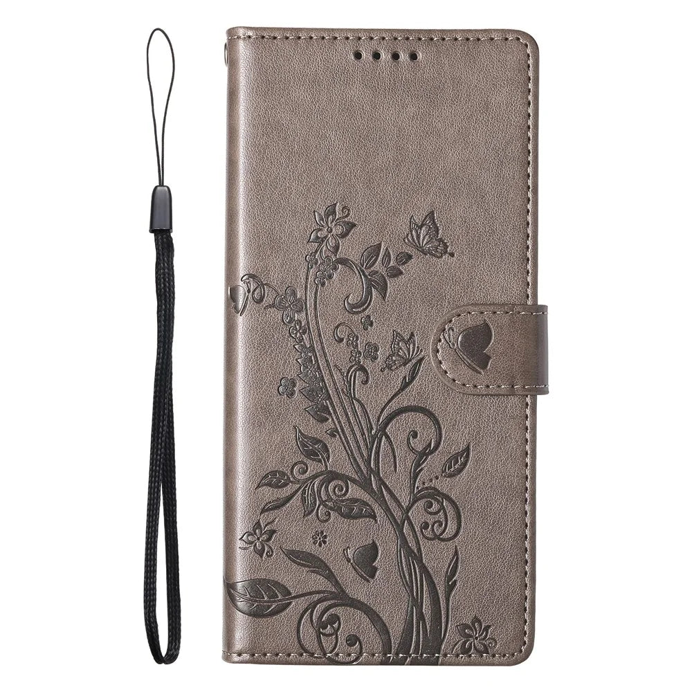 For iPhone 18 Pro Max / 17 Pro Max Wallet Case Butterfly Floral Imprint PU Leather Phone Cover with Wrist Strap - Grey - 6