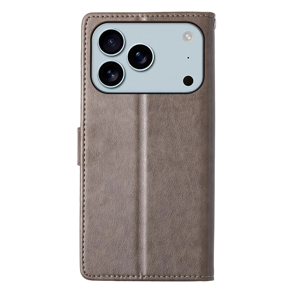For iPhone 18 Pro Max / 17 Pro Max Wallet Case Butterfly Floral Imprint PU Leather Phone Cover with Wrist Strap - Grey - 7