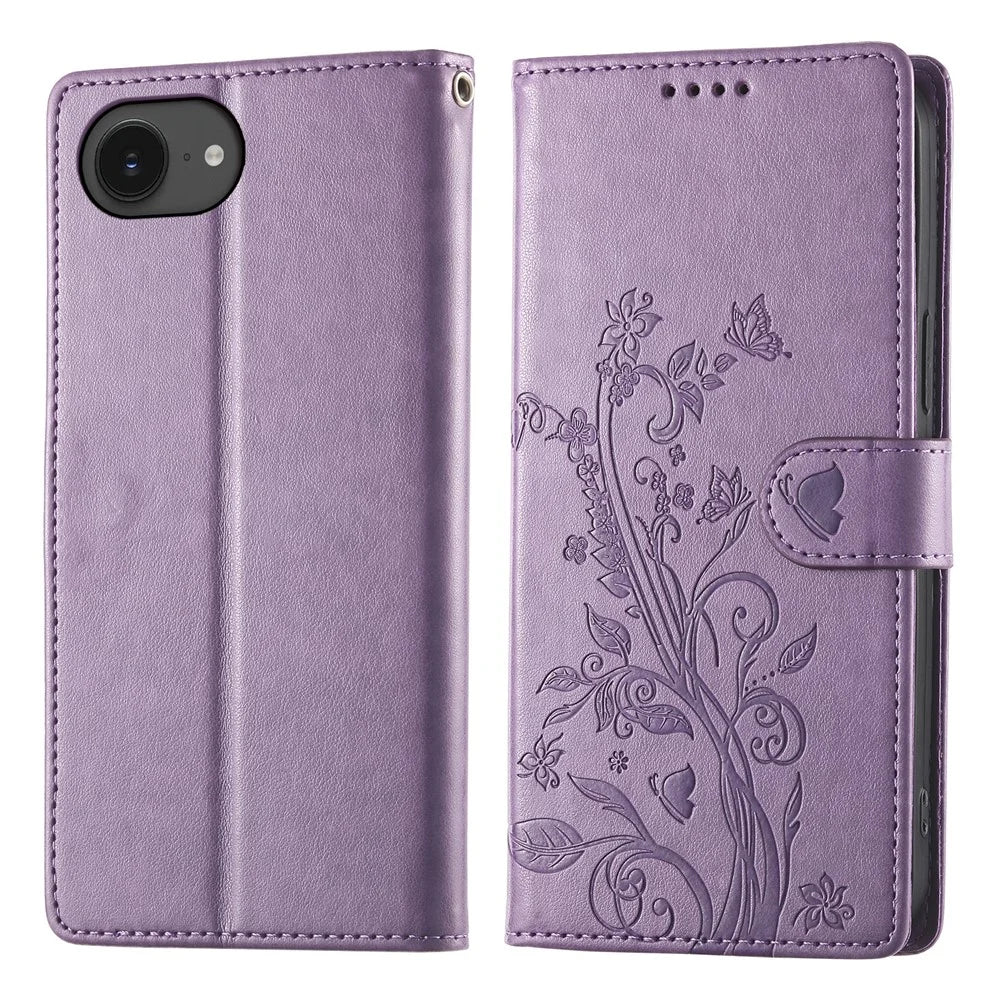 For iPhone 17e / 16e Wallet Case Butterfly Floral Imprint PU Leather Phone Cover with Wrist Strap - Purple - 1