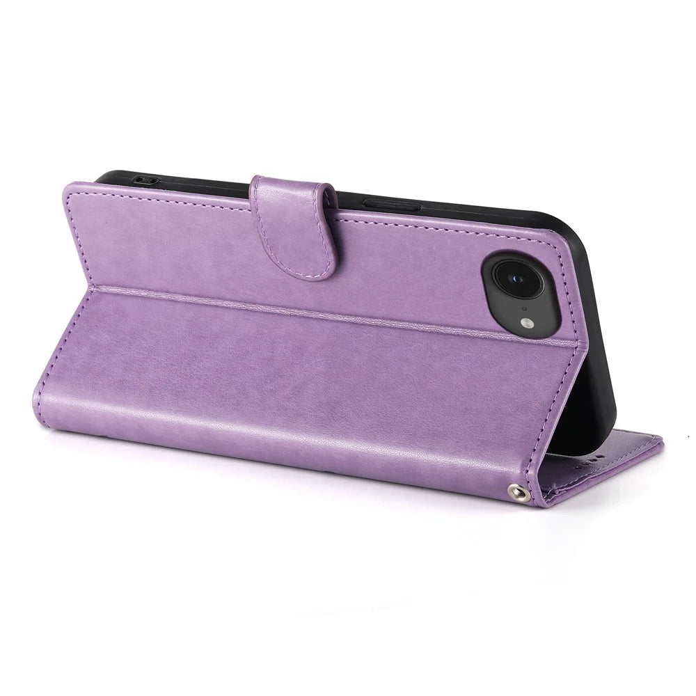 For iPhone 17e / 16e Wallet Case Butterfly Floral Imprint PU Leather Phone Cover with Wrist Strap - Purple - 3