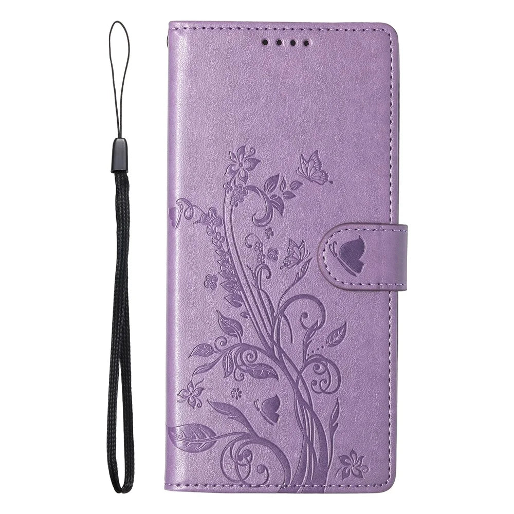 For iPhone 17e / 16e Wallet Case Butterfly Floral Imprint PU Leather Phone Cover with Wrist Strap - Purple - 6