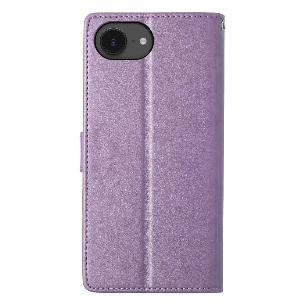For iPhone 17e / 16e Wallet Case Butterfly Floral Imprint PU Leather Phone Cover with Wrist Strap - Purple - 7