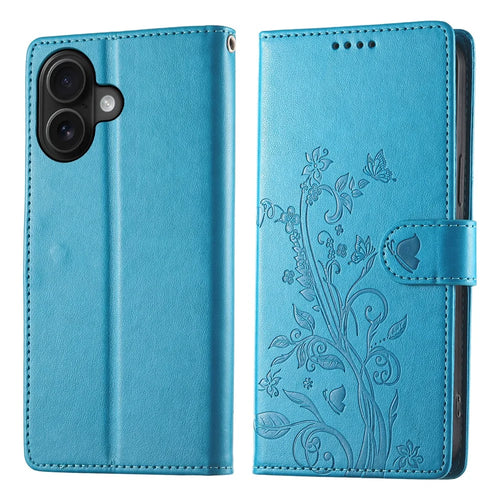 For iPhone 16 Wallet Case Butterfly Floral Imprint PU Leather Phone Cover with Wrist Strap - Blue - 1
