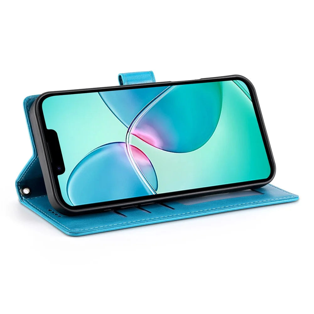 For iPhone 16 Wallet Case Butterfly Floral Imprint PU Leather Phone Cover with Wrist Strap - Blue - 2