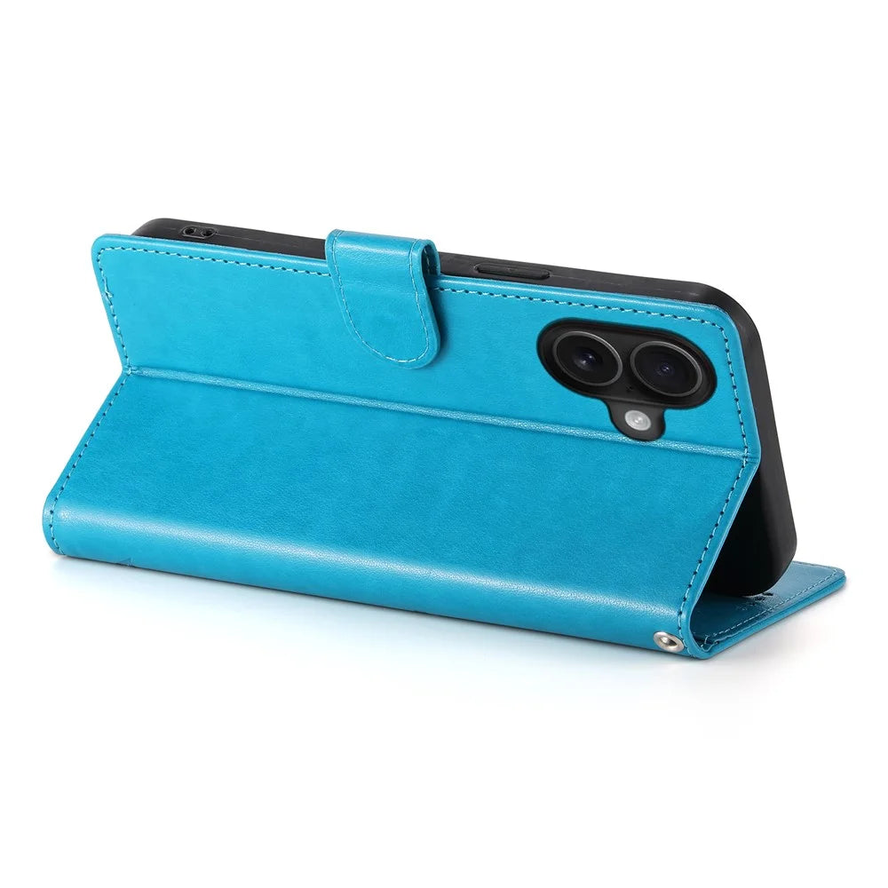 For iPhone 16 Wallet Case Butterfly Floral Imprint PU Leather Phone Cover with Wrist Strap - Blue - 3