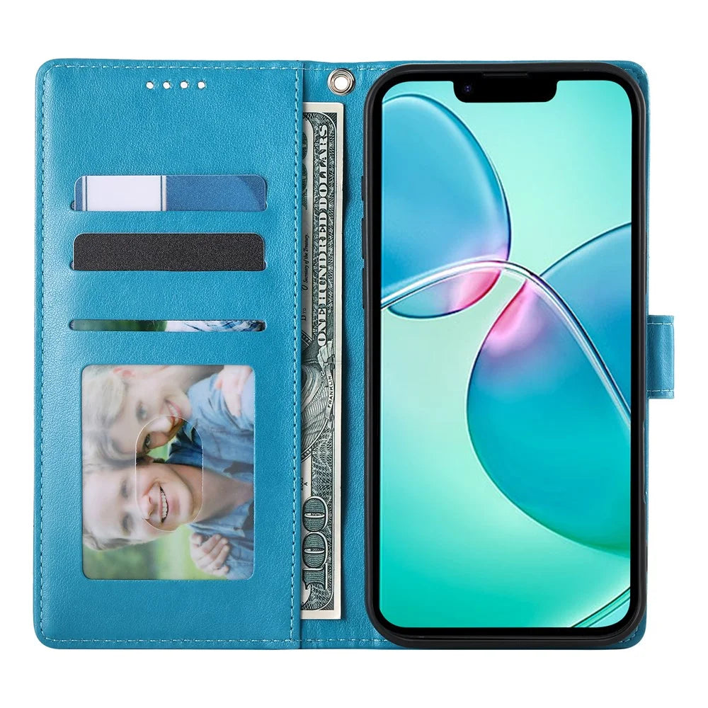 For iPhone 16 Wallet Case Butterfly Floral Imprint PU Leather Phone Cover with Wrist Strap - Blue - 4