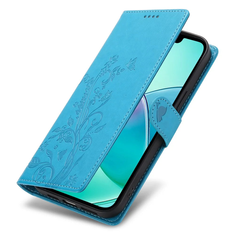 For iPhone 16 Wallet Case Butterfly Floral Imprint PU Leather Phone Cover with Wrist Strap - Blue - 5