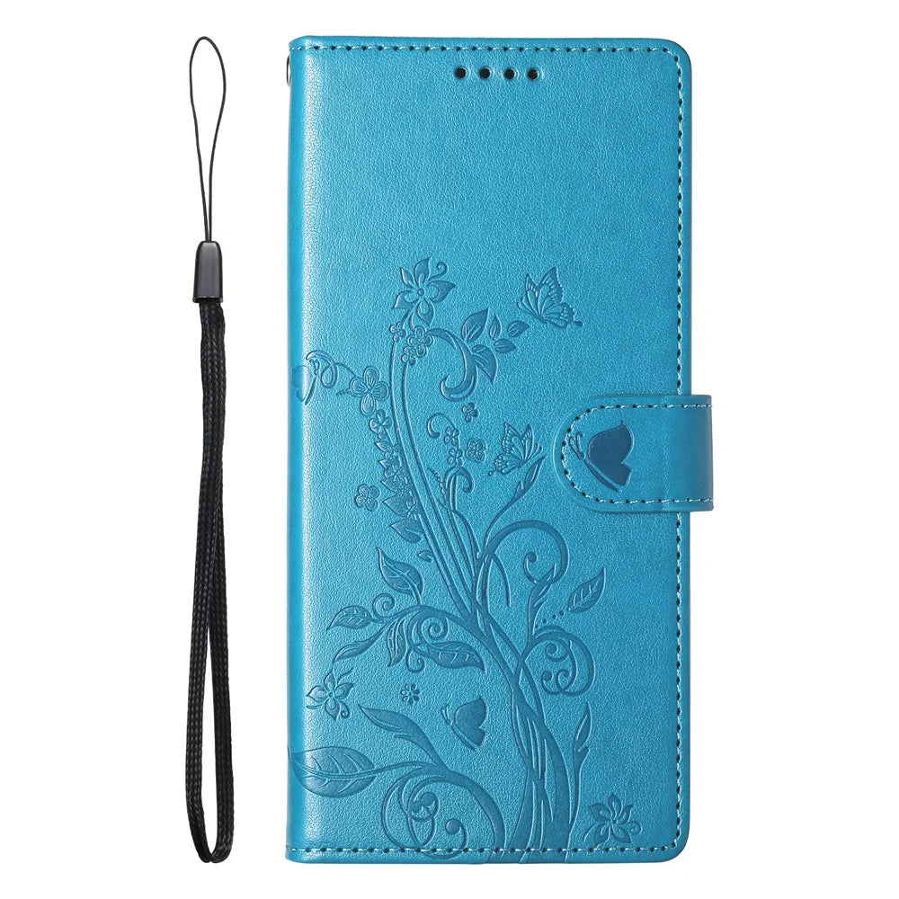 For iPhone 16 Wallet Case Butterfly Floral Imprint PU Leather Phone Cover with Wrist Strap - Blue - 6