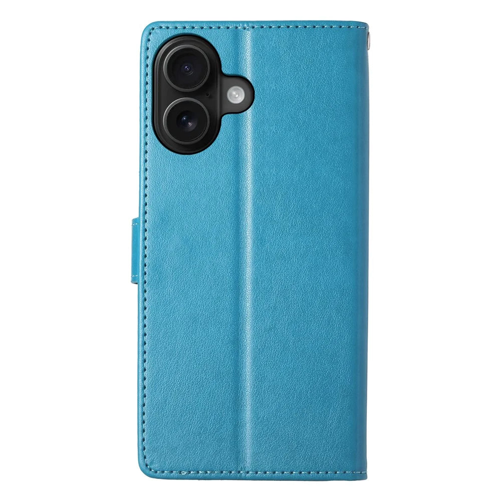 For iPhone 16 Wallet Case Butterfly Floral Imprint PU Leather Phone Cover with Wrist Strap - Blue - 7
