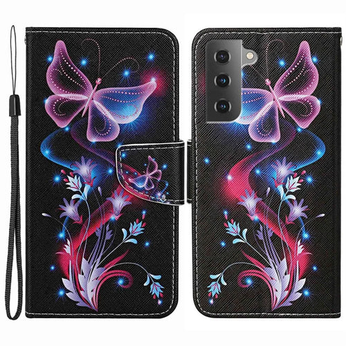 Pattern Printing Phone Case for Samsung Galaxy S23, Cross Texture Anti-scratch PU Leather Wallet Stand Inner TPU Cover - Fluorescent Butterflies - 1