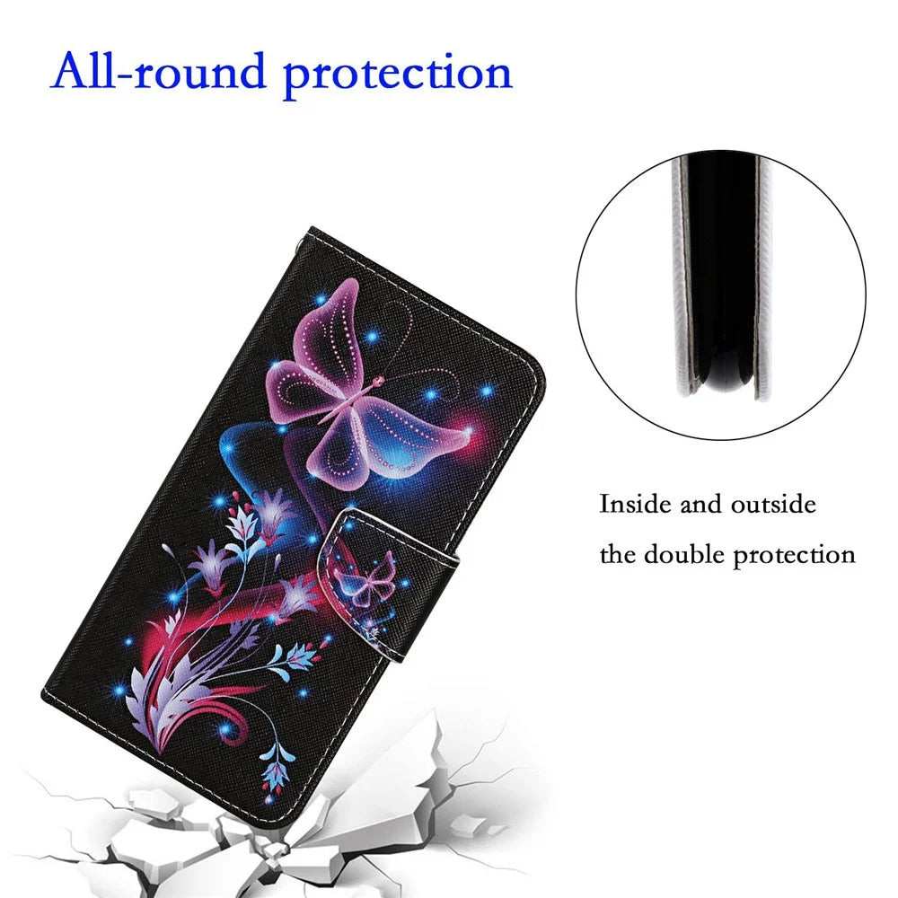 Pattern Printing Phone Case for Samsung Galaxy S23, Cross Texture Anti-scratch PU Leather Wallet Stand Inner TPU Cover - Fluorescent Butterflies - 5