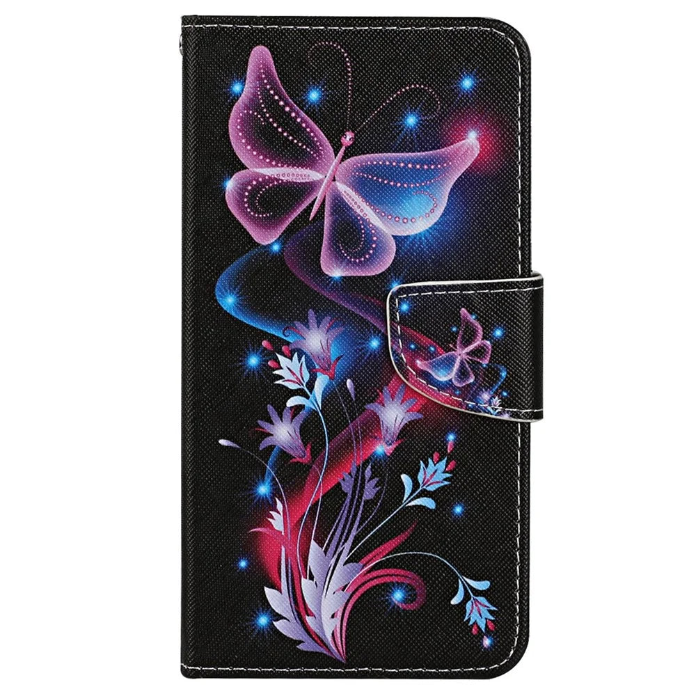 Pattern Printing Phone Case for Samsung Galaxy S23, Cross Texture Anti-scratch PU Leather Wallet Stand Inner TPU Cover - Fluorescent Butterflies - 7