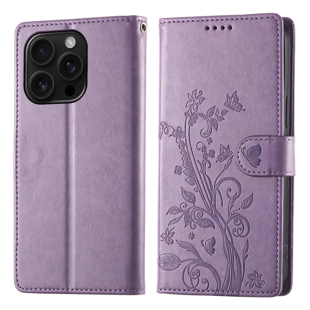 For iPhone 16 Pro Wallet Case Butterfly Floral Imprint PU Leather Phone Cover with Wrist Strap - Purple - 1