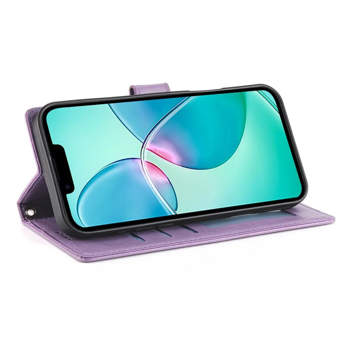 For iPhone 16 Pro Wallet Case Butterfly Floral Imprint PU Leather Phone Cover with Wrist Strap - Purple - 2