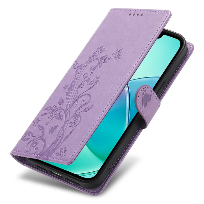 For iPhone 16 Pro Wallet Case Butterfly Floral Imprint PU Leather Phone Cover with Wrist Strap - Purple - 5