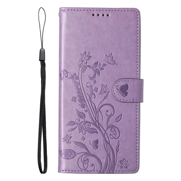 For iPhone 16 Pro Wallet Case Butterfly Floral Imprint PU Leather Phone Cover with Wrist Strap - Purple - 6