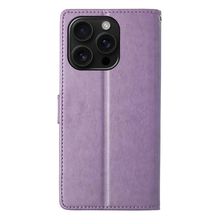 For iPhone 16 Pro Wallet Case Butterfly Floral Imprint PU Leather Phone Cover with Wrist Strap - Purple - 7