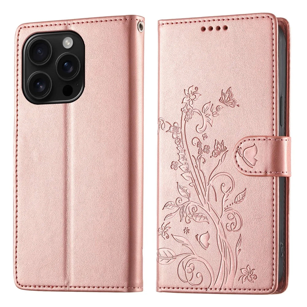 For iPhone 16 Pro Max Wallet Case Butterfly Floral Imprint PU Leather Phone Cover with Wrist Strap - Rose Gold - 1
