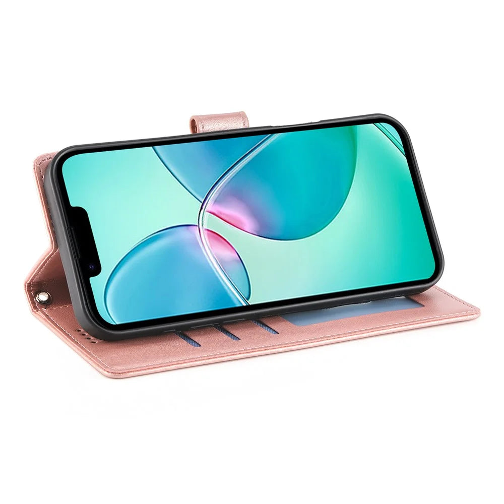 For iPhone 16 Pro Max Wallet Case Butterfly Floral Imprint PU Leather Phone Cover with Wrist Strap - Rose Gold - 2