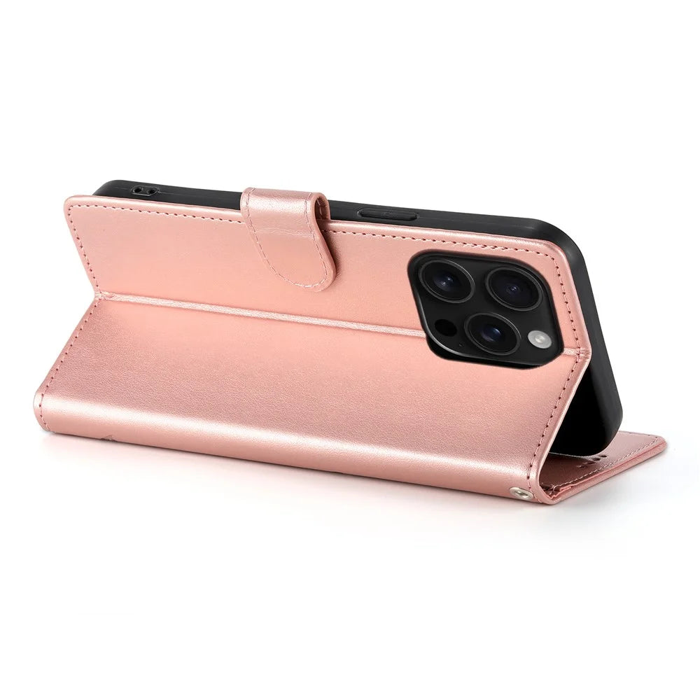 For iPhone 16 Pro Max Wallet Case Butterfly Floral Imprint PU Leather Phone Cover with Wrist Strap - Rose Gold - 3