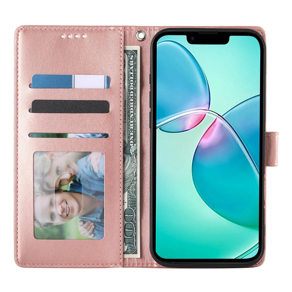 For iPhone 16 Pro Max Wallet Case Butterfly Floral Imprint PU Leather Phone Cover with Wrist Strap - Rose Gold - 4