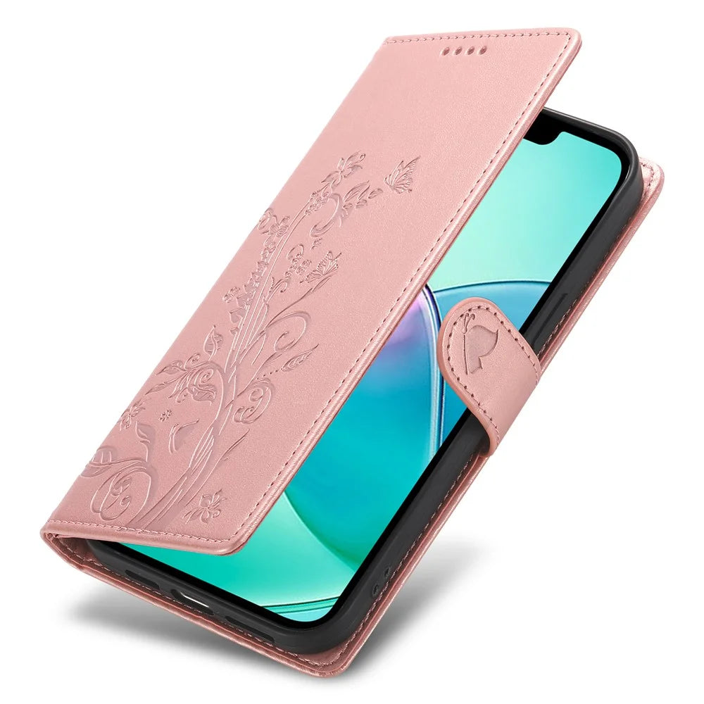For iPhone 16 Pro Max Wallet Case Butterfly Floral Imprint PU Leather Phone Cover with Wrist Strap - Rose Gold - 5