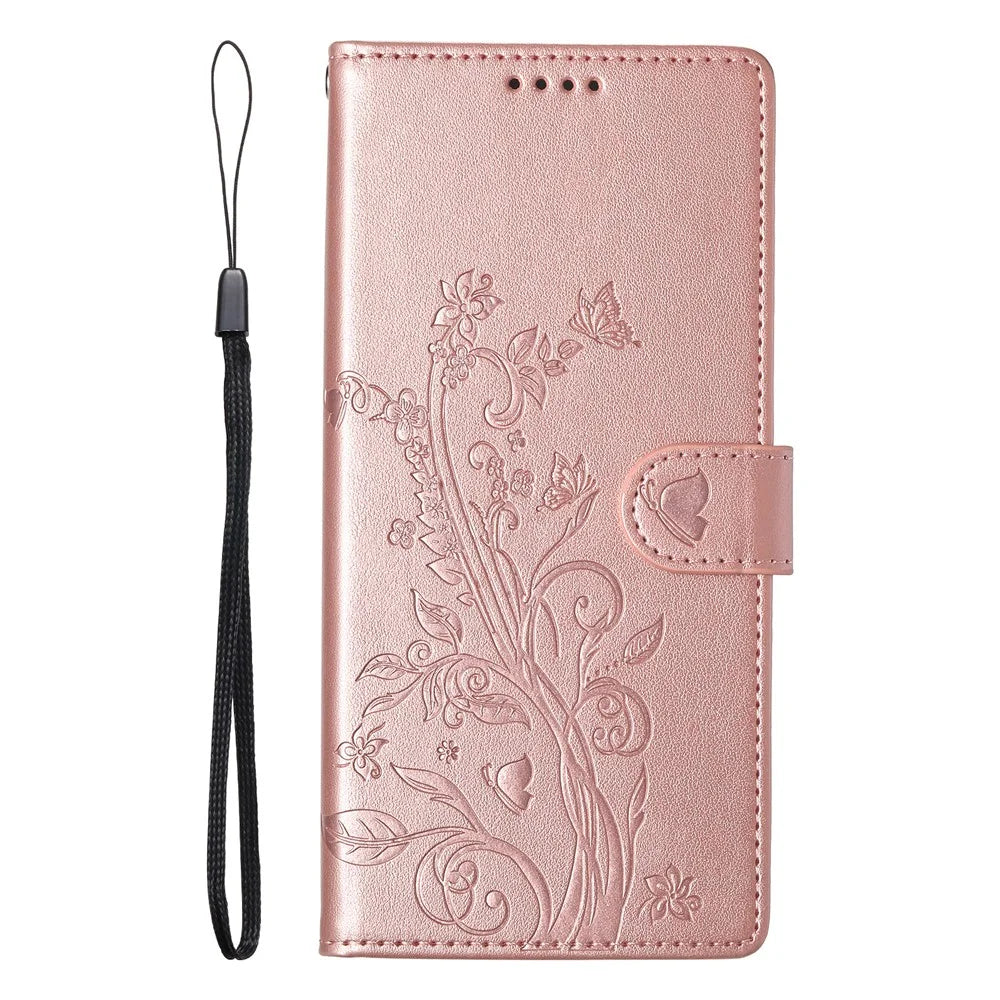 For iPhone 16 Pro Max Wallet Case Butterfly Floral Imprint PU Leather Phone Cover with Wrist Strap - Rose Gold - 6