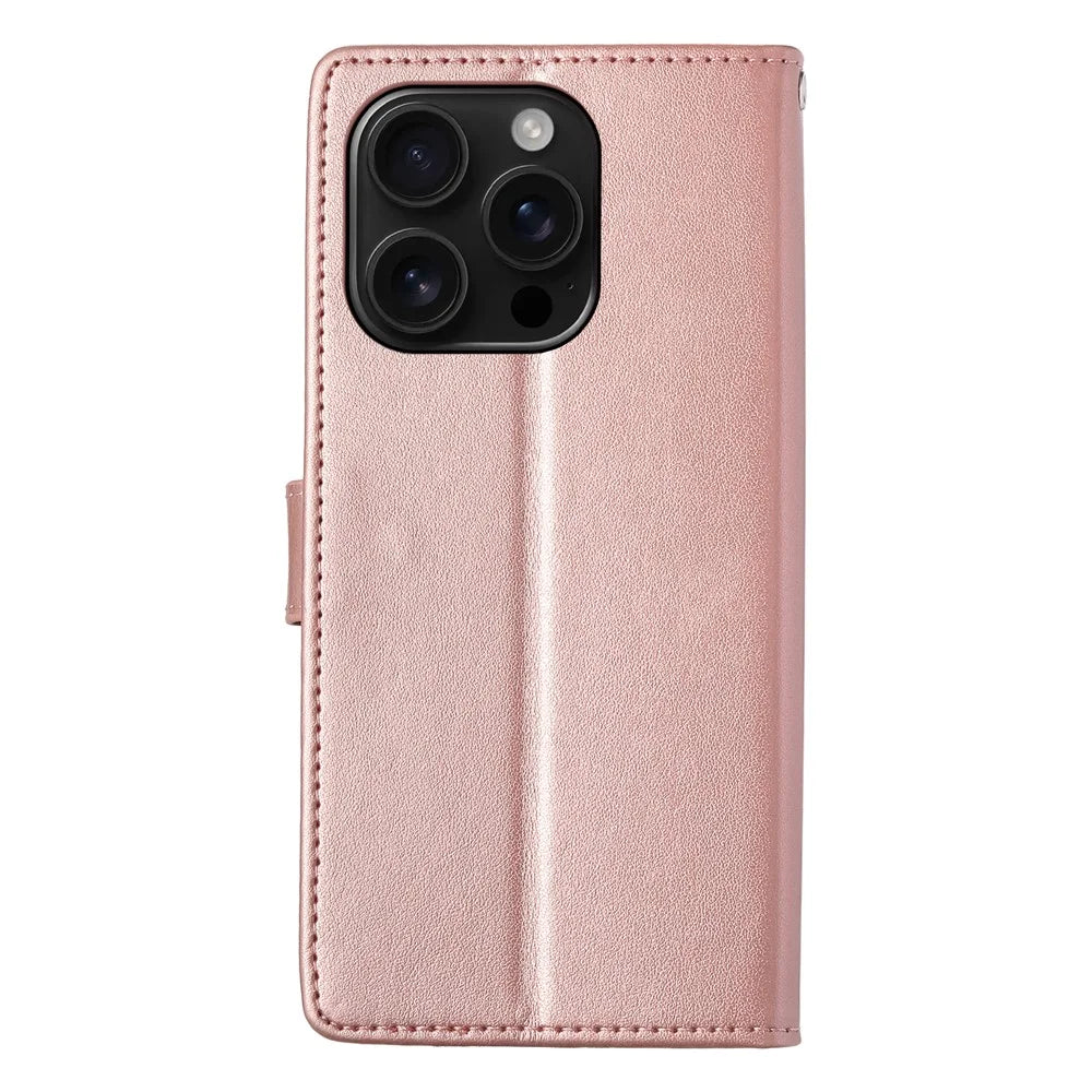 For iPhone 16 Pro Max Wallet Case Butterfly Floral Imprint PU Leather Phone Cover with Wrist Strap - Rose Gold - 7