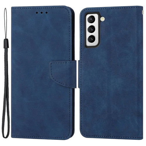 For Samsung Galaxy S23 PU Leather Magnetic Flip Phone Case Stand Function Solid Color Wallet Cover with Strap - Blue - 1