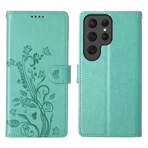 For Samsung Galaxy S25 Ultra Wallet Case Butterfly Floral Imprint PU Leather Phone Cover with Wrist Strap - Green - 1