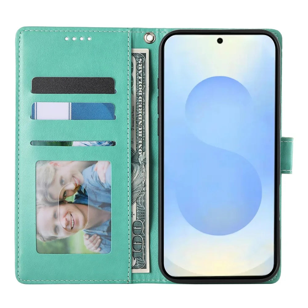 For Samsung Galaxy S25 Ultra Wallet Case Butterfly Floral Imprint PU Leather Phone Cover with Wrist Strap - Green - 2