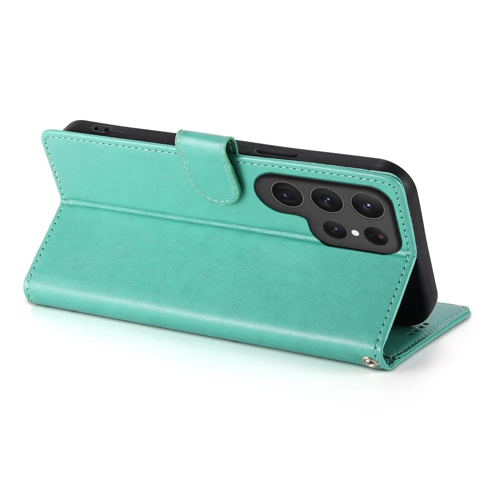 For Samsung Galaxy S25 Ultra Wallet Case Butterfly Floral Imprint PU Leather Phone Cover with Wrist Strap - Green - 4