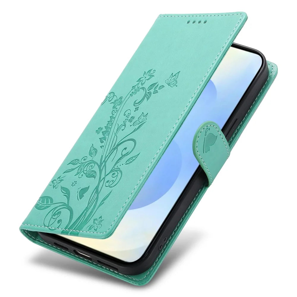For Samsung Galaxy S25 Ultra Wallet Case Butterfly Floral Imprint PU Leather Phone Cover with Wrist Strap - Green - 5