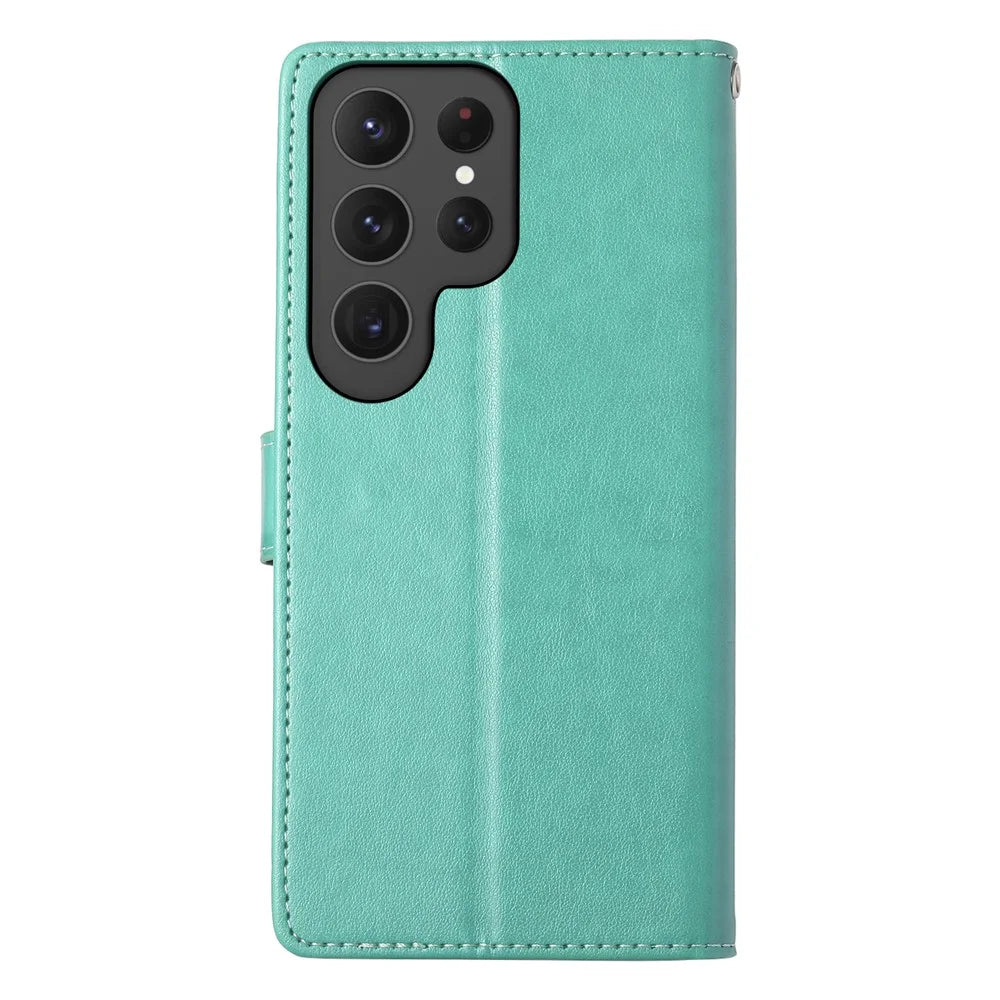 For Samsung Galaxy S25 Ultra Wallet Case Butterfly Floral Imprint PU Leather Phone Cover with Wrist Strap - Green - 7