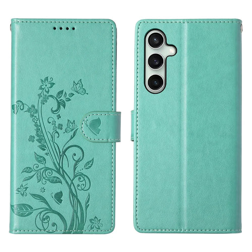 For Samsung Galaxy S25 FE Wallet Case Butterfly Floral Imprint PU Leather Phone Cover with Wrist Strap - Green - 1