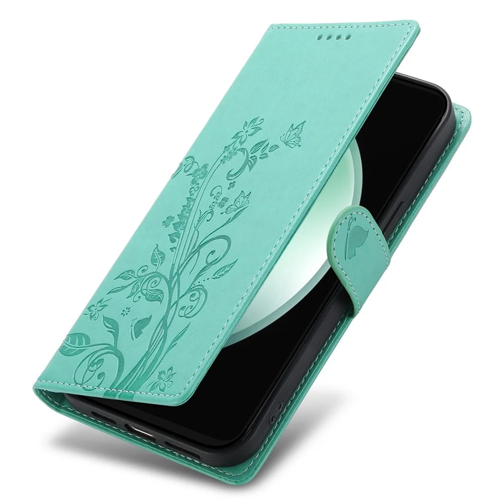 For Samsung Galaxy S25 FE Wallet Case Butterfly Floral Imprint PU Leather Phone Cover with Wrist Strap - Green - 5