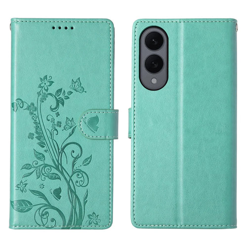 For Samsung Galaxy S25 Edge Wallet Case Butterfly Floral Imprint PU Leather Phone Cover with Wrist Strap - Green - 1