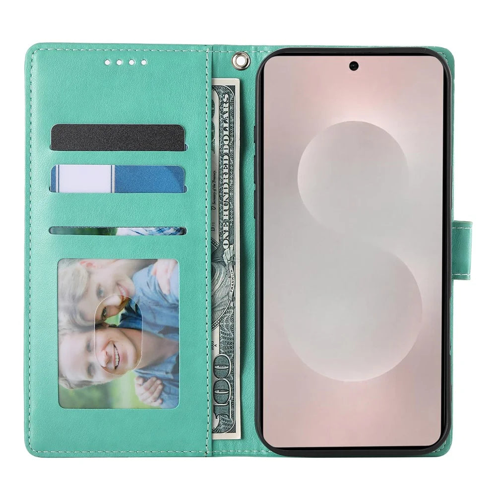 For Samsung Galaxy S25 Edge Wallet Case Butterfly Floral Imprint PU Leather Phone Cover with Wrist Strap - Green - 2