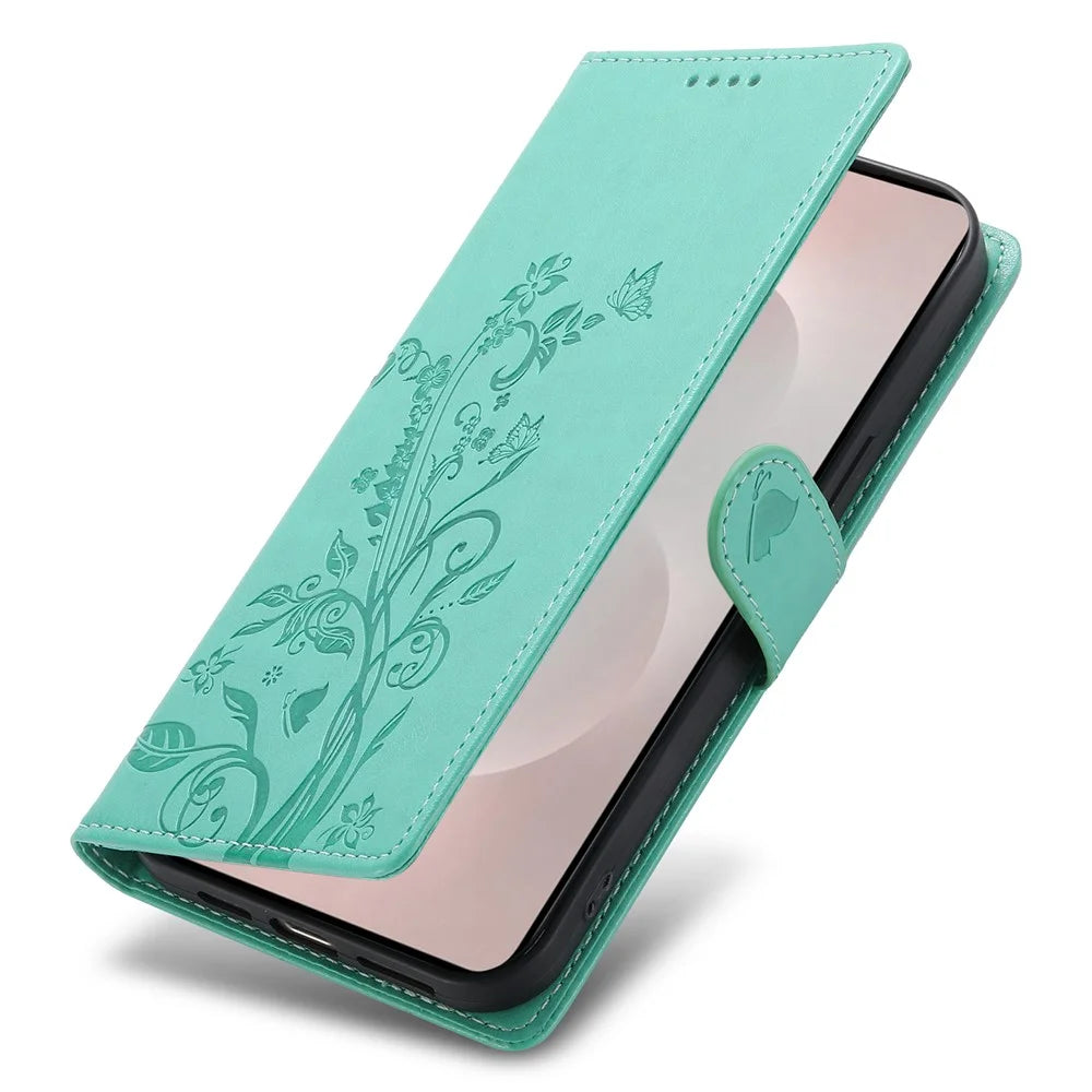 For Samsung Galaxy S25 Edge Wallet Case Butterfly Floral Imprint PU Leather Phone Cover with Wrist Strap - Green - 5